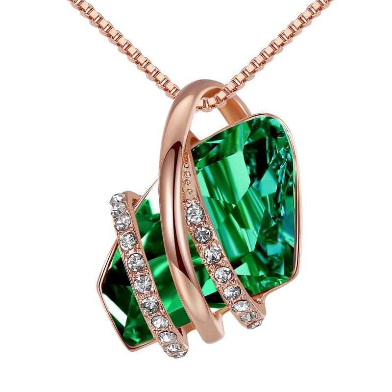 Leafael Wish Stone Pendant Necklace with Green Birthstone Crystal for May, 18K Rose Gold Plated, 18" + 2" Chain - Image 1